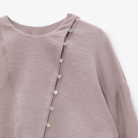 ZARA Flowy Round Neck Front Button Structured Shirt - Picture 6 of 6